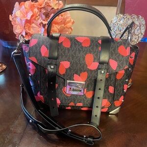 Michael Kors Manhattan Medium Black Leather Red Petal Logo Satchel Bag